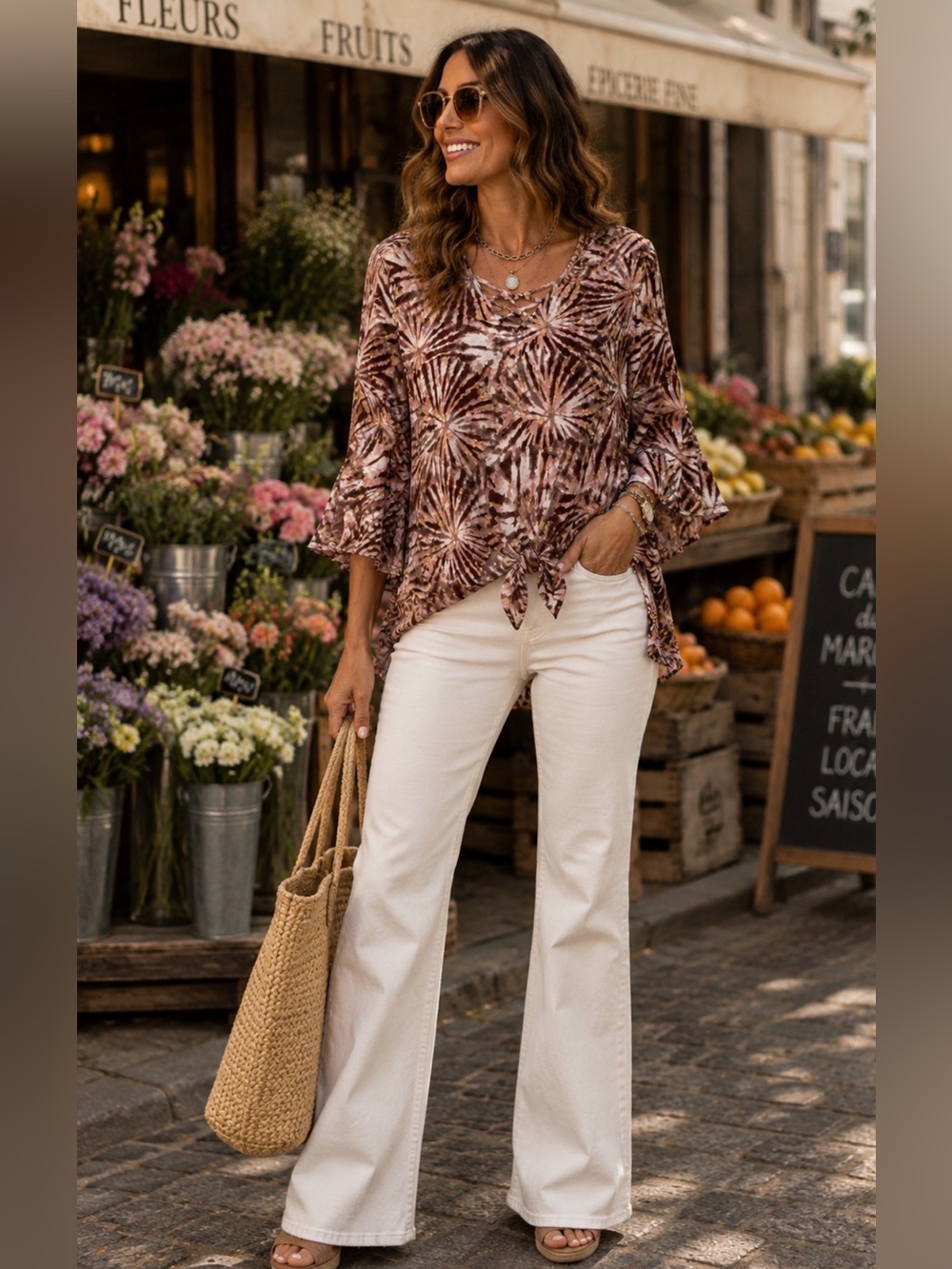 New‼️ I.N. Studio Boho Tie Front Blouse | Criss Cross Neck | Bell Sleeve Top NWT